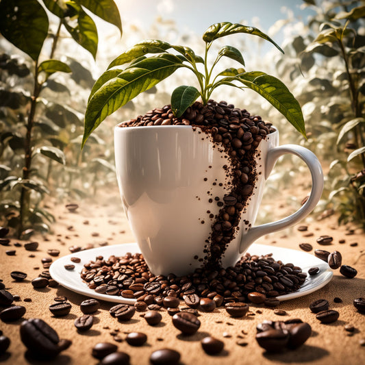 Coffee Cup spilling over with coffee beans with a plant growing out of the cup on the ground of a coffee farm