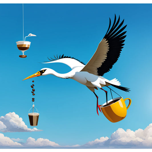 Crane bird carrying coffee flying in the cloudy blue sky 